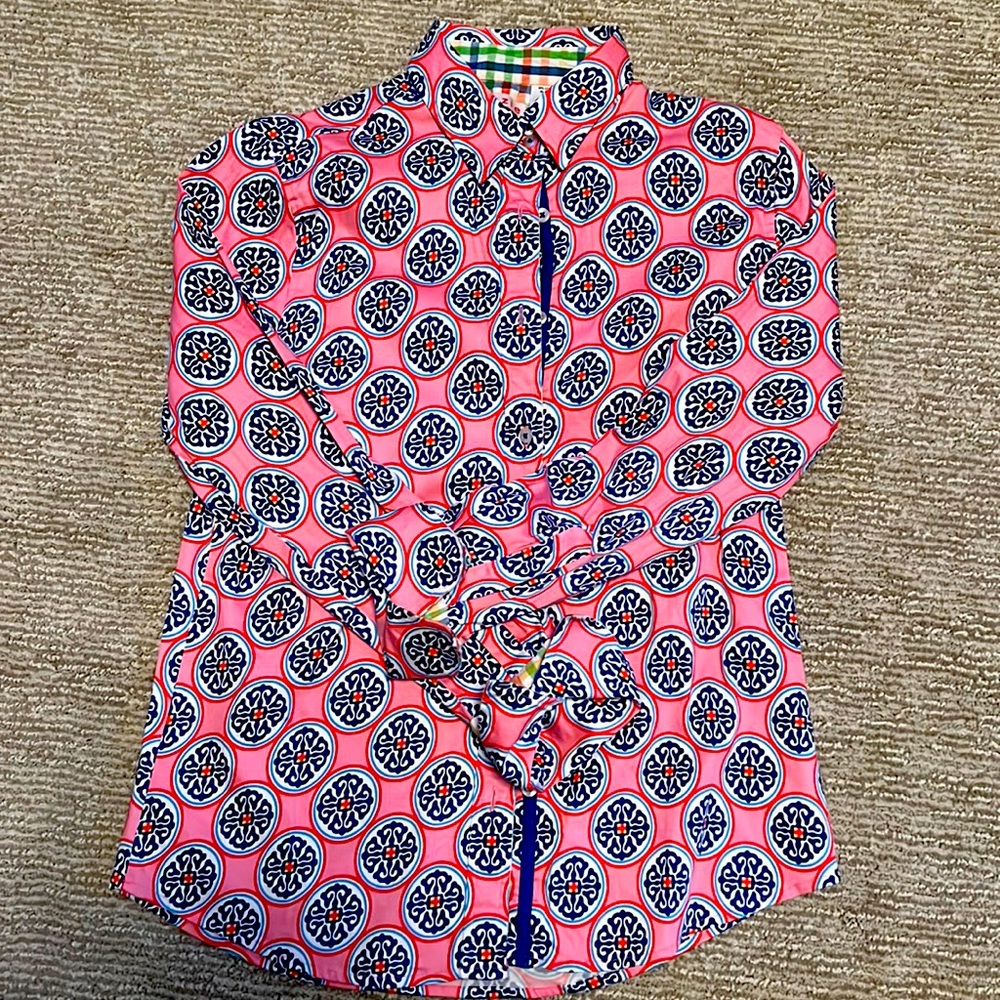 Dizzy Lizzie tizzie pink and blue geometric button down shirt size L